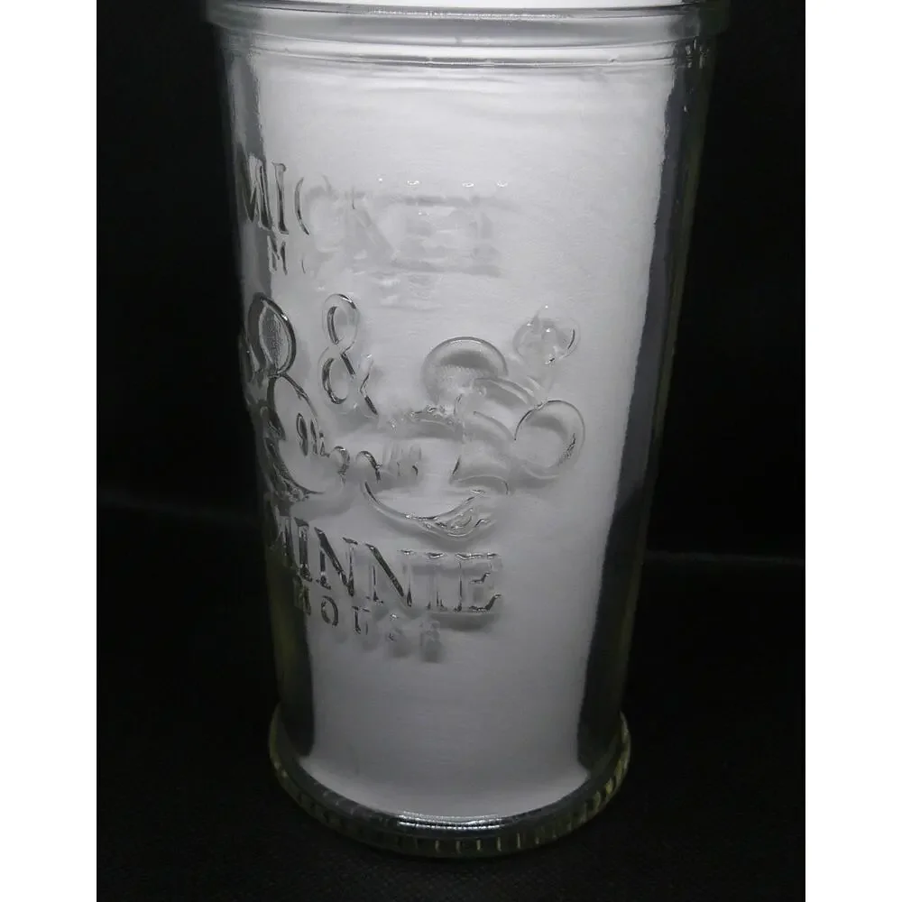 Rare DISNEY Mickey Mouse & Minnie Mouse Clear Drinking Glass 6 in, Marked 1, Vtg